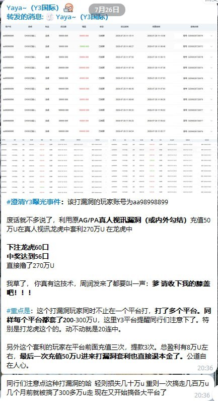 【行业大事件】PA视讯 ( #AG视讯 ) 漏洞遭套利团队利用 多家平台合计被撸约 900 万 U